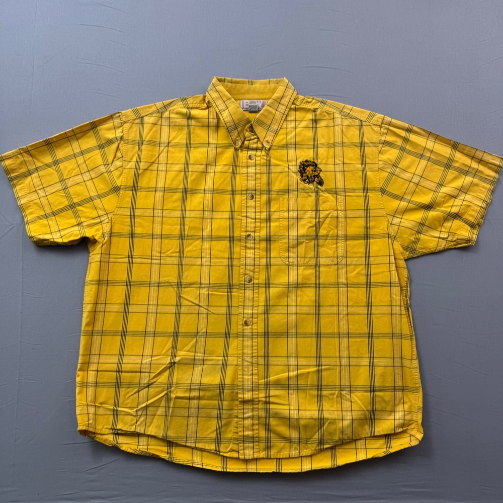 BAW Athletic Wear Men XL Yellow Plaid Short Sleeve Button Down Lion Mascot Shirt